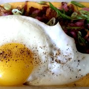 Honey Butter Fried Chicken - Chicago, IL, United States. Bacon egg & cheese grits with fried chicken $10 on the brunch menu. Delicious!