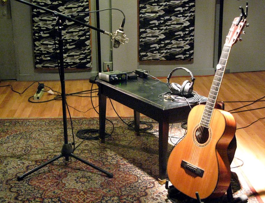 Recording studio tracking room set up for acoustic guitar recording