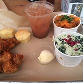 Honey Butter Fried Chicken - Chicago, IL, United States. Two piece honey butter fried chicken with cornbread, sweet potato salad, kale slaw and rhubarb cocktail