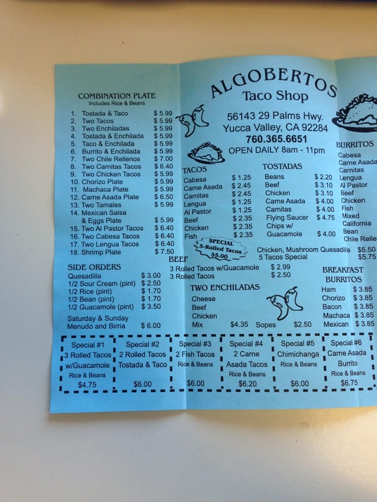 Online Menu of Algobertos Taco Shop Restaurant, Yucca Valley