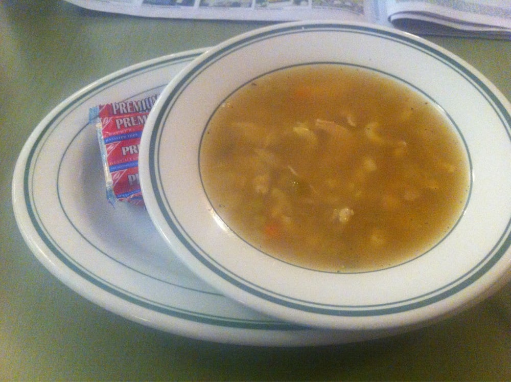 Chicken noodle soup tastes bland; probably from the Campbell's bulk can