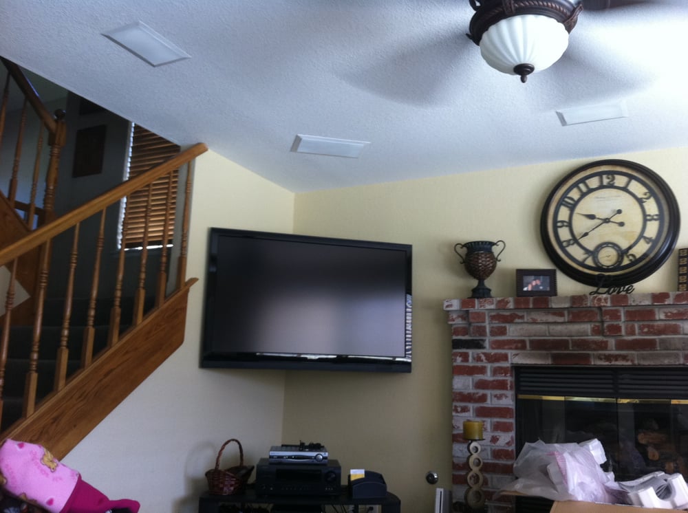 Corner TV Mount and front speakers. Yelp