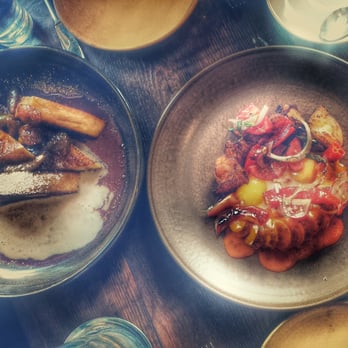 Verbena - Guinea Hen Boudin Blan with crispy potatoes, fried eggs and tomoatos; French toast with hazelnut creme fraiche and fig syrup. - San Francisco, CA, United States