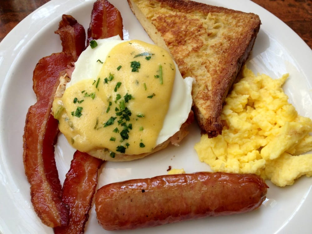 Bacon, cinnamon french toast, eggs benedict, scrambled eggs, pork