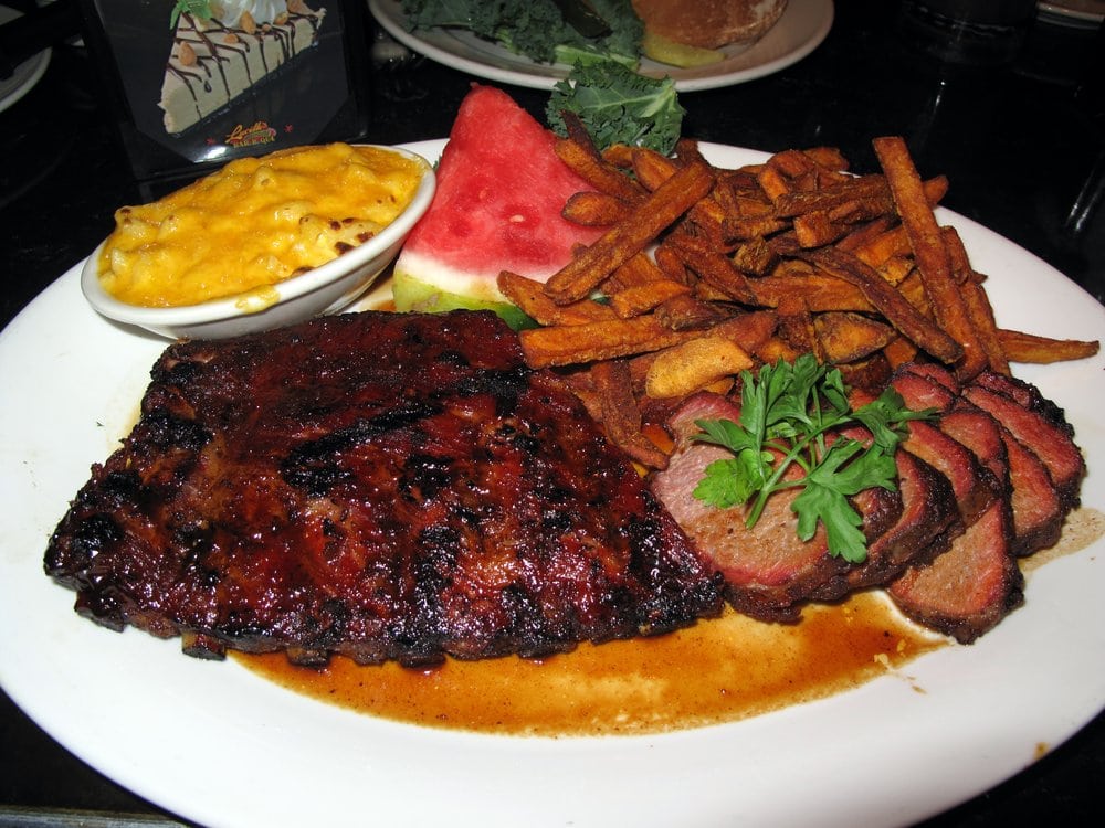 BBQ TWO MEAT COMBO PLATTER St. Louis Spare Ribs, TriTip, Mac & Cheese