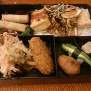 Hop House - Kimchi Restaurant - Dublin, Republic of Ireland. Veggie bento - Teriyaki tofu, mushrooms&rice, veg spring rolls, salad, 2x veg fritters, pumpkin croquette, inari & avocado sushi