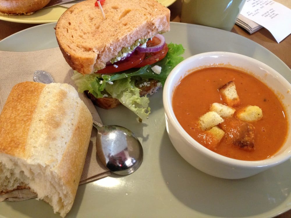 Mediterranean veggie sandwich and creamy tomato soup - Yelp Mediterranean veggie sandwich and creamy tomato soup - Yelp