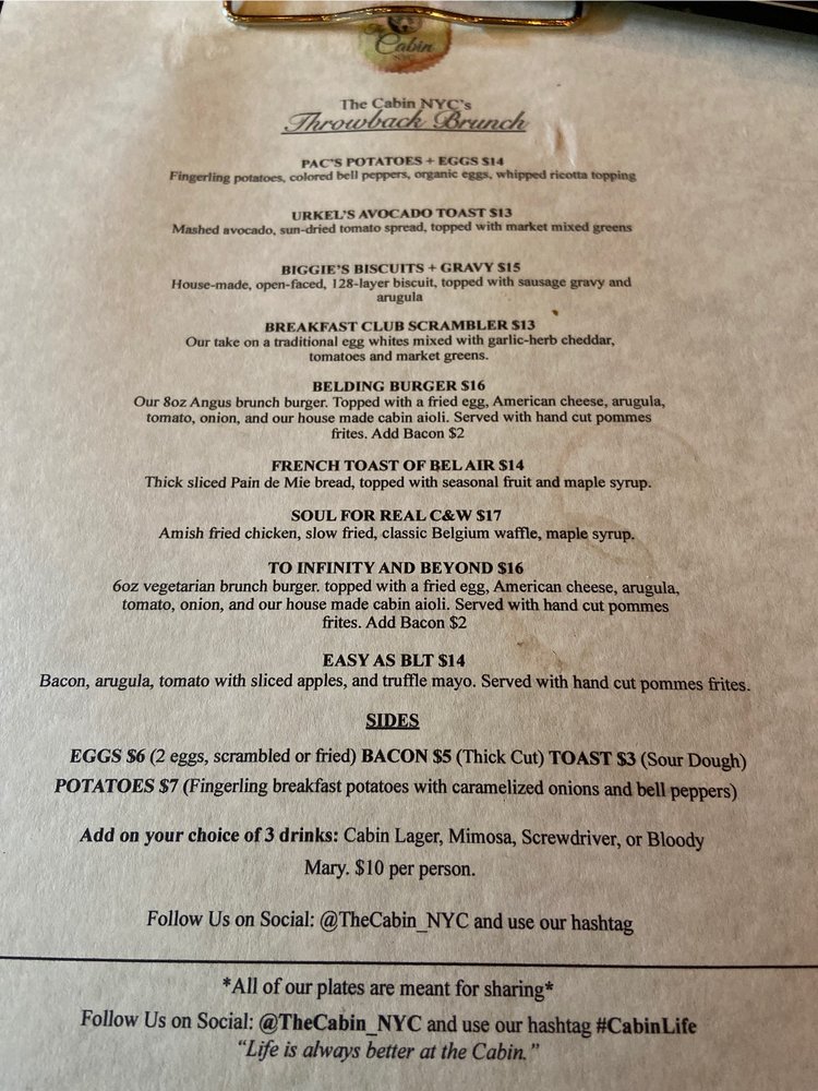 Online Menu Of The Cabin Nyc Restaurant New York New York 10009