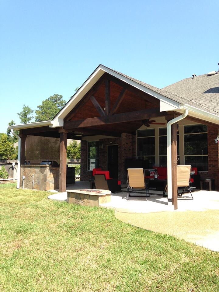 Gable Roof Patio Cover Attached To Existing House With Cedar Beams Photo Of Backyard Paradise Luxury Pools Montgomery Tx United States Gable Roof