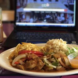 Photo of Cuzzin's Caribbean Restaurant & Bar - Charlotte Amalie, Virgin Islands, U.S. Virgin Islands. Daily special - conch and shrimp with flavored rice and mac and cheese on the side. Of course with the hot sauce!