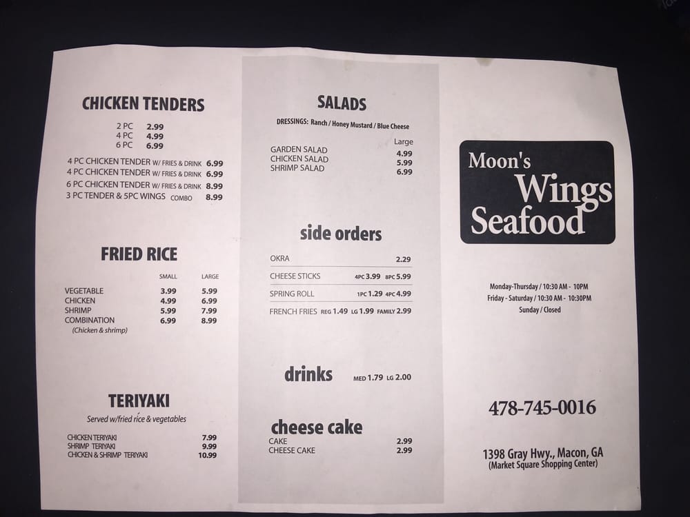 Moon’s Wing and Seafood Seafood 1398 Gray Hwy, Macon, GA
