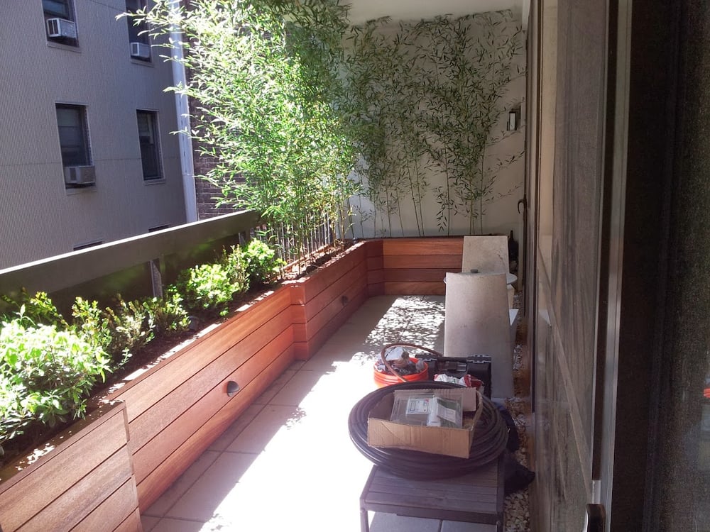 Garden designers, carpenters,bamboo, NYC terrace, built in planters,concrete roof tiles,drip ...