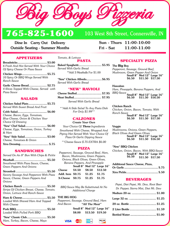 Online Menu of Big Boys Pizzeria Restaurant, Connersville, Indiana