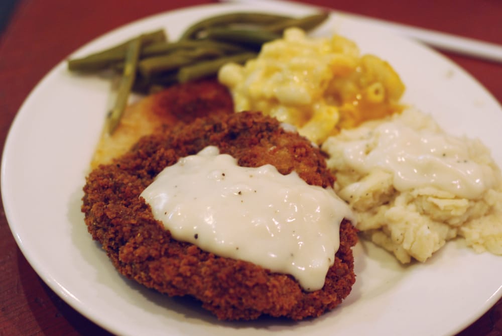 Chicken fried steak buffet, mashed potatoes and gravy, fresh green