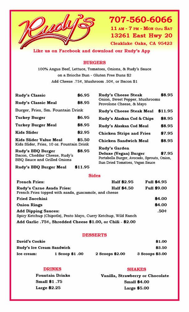 Rudy’s Burgers American (New) 13261 E Hwy 20, Clearlake Oaks, CA
