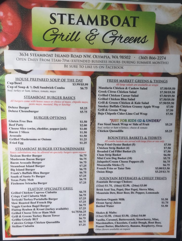 Online Menu of Steamboat Grill & Greens Restaurant, Olympia, Washington