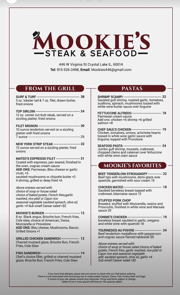 Online Menu Of Mookies Steak And Seafood Restaurant Crystal Lake