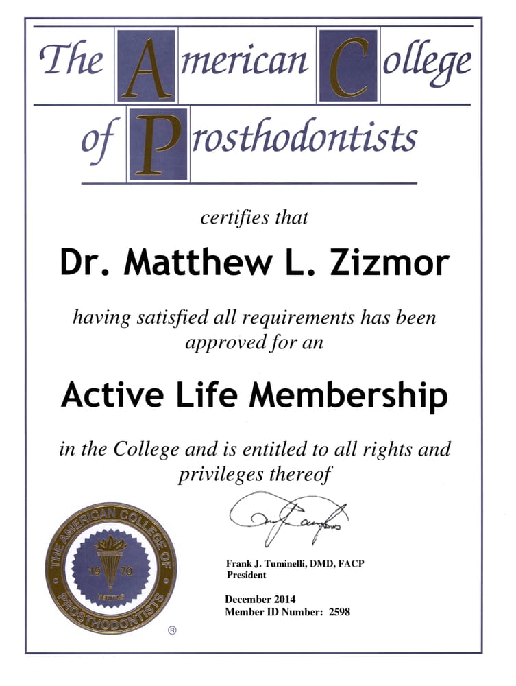 american college of prosthodontists lifetime membership certificate lifetime membership certificate