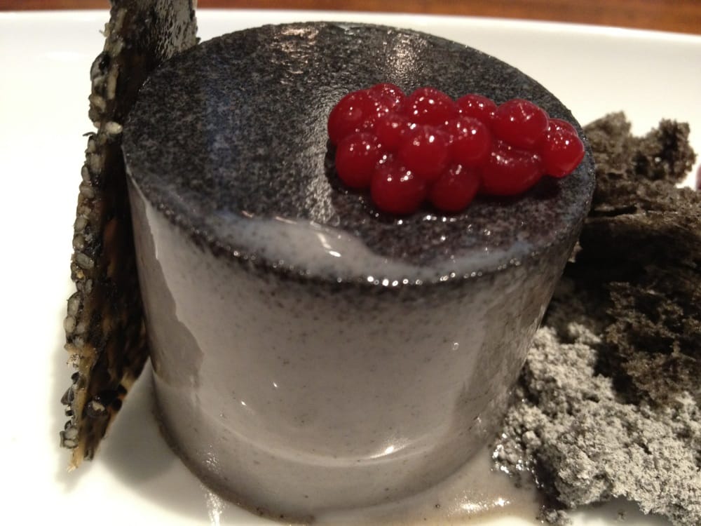 Black sesame panna cotta, black sesame tuile, black sesame cake and ash