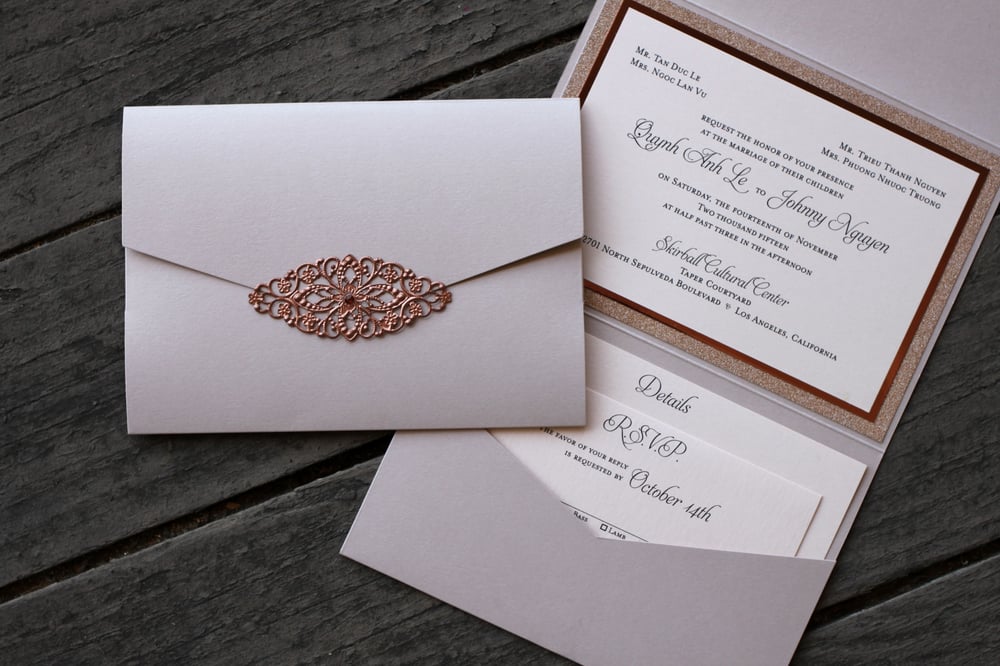 Landscape Cameo Pocket Fold With Rose Gold Glitter And Mirror Photo Of Invitation Design Studio Tustin Ca United States Landscape Cameo Pocket
