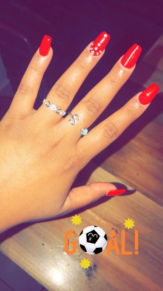 Coffin shape, Apple red, and design. Love my new nails , Yelp