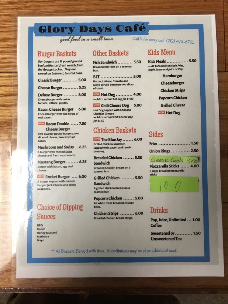 Glory Days Cafe Cafes 111 S Main St, IA Restaurant