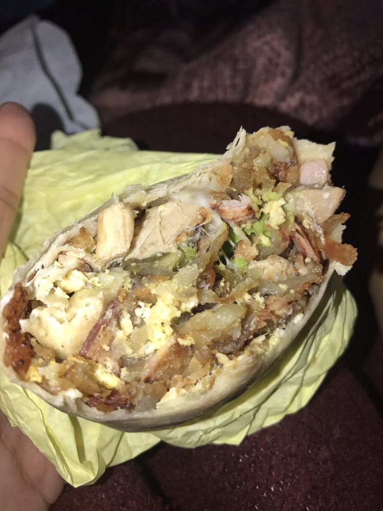 ultimate breakfast burrito w chicken egg hash brown ham bacon
