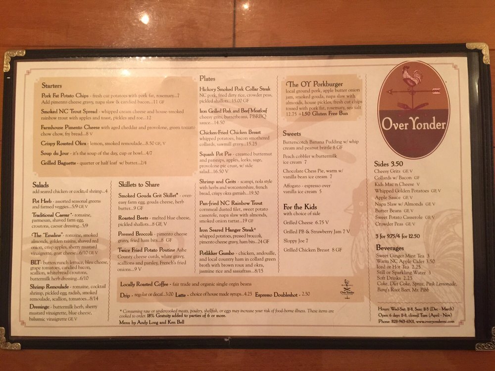 Online Menu Of Over Yonder Restaurant Banner Elk North Carolina