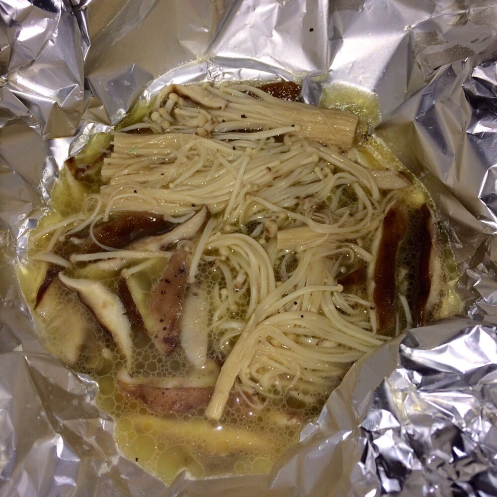 Kaki Butter enoki & shiitake mushrooms w butter sauce in a foil Yelp