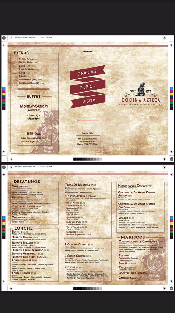 Online Menu Of Cocina Azteca Grill Restaurant Placentia