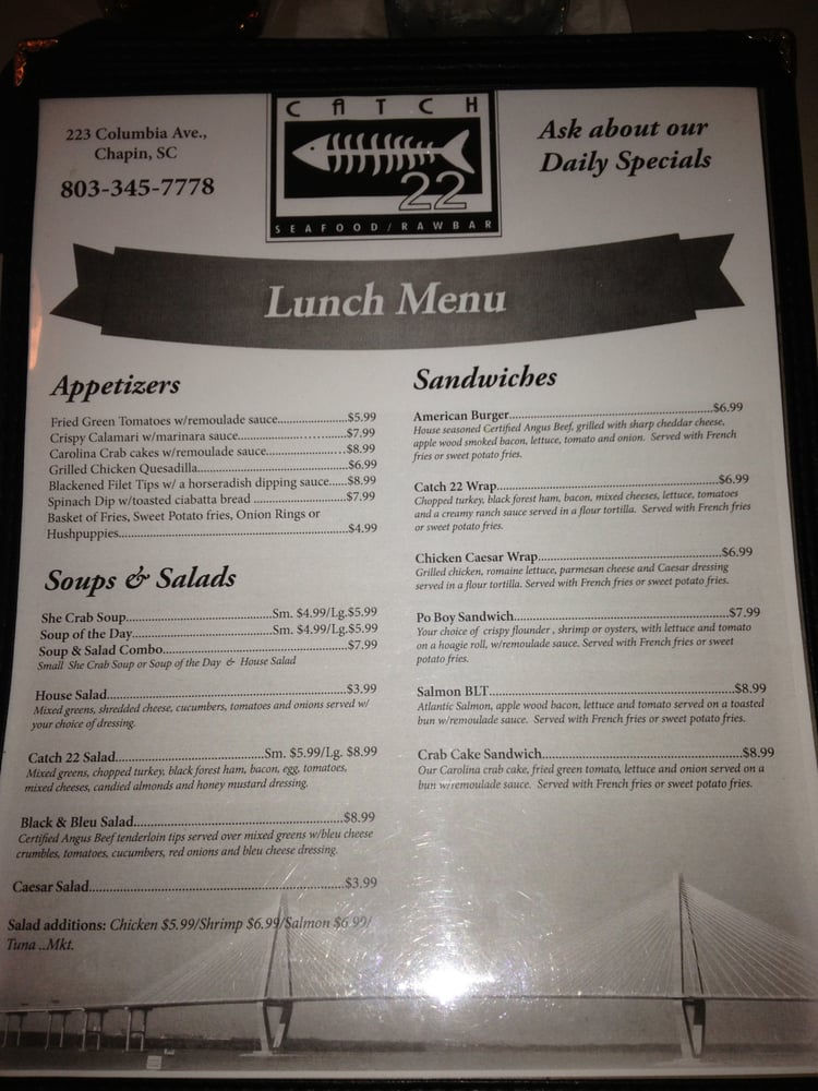 Online Menu of Catch 22 Restaurant, Chapin, South Carolina, 29036 Zmenu