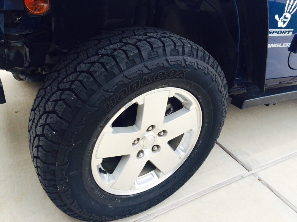 285/65/18 hankook dynapro AT on a Jeep Wrangler. Great tire. Yelp
