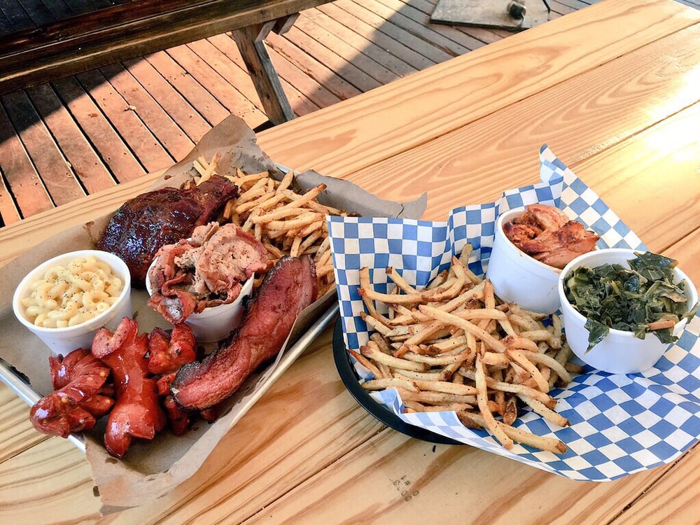 Dorfman platter and pulled chicken sandy (no bun) with greens and fries