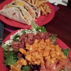 Racks Pub & Grill - Atco, NJ, United States. Fish tacos and cobb salad with buffalo sauce. Fries are so good!