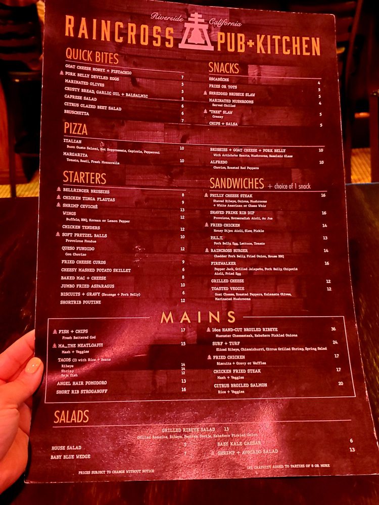 Online Menu Of Raincross Pub Kitchen Restaurant Riverside