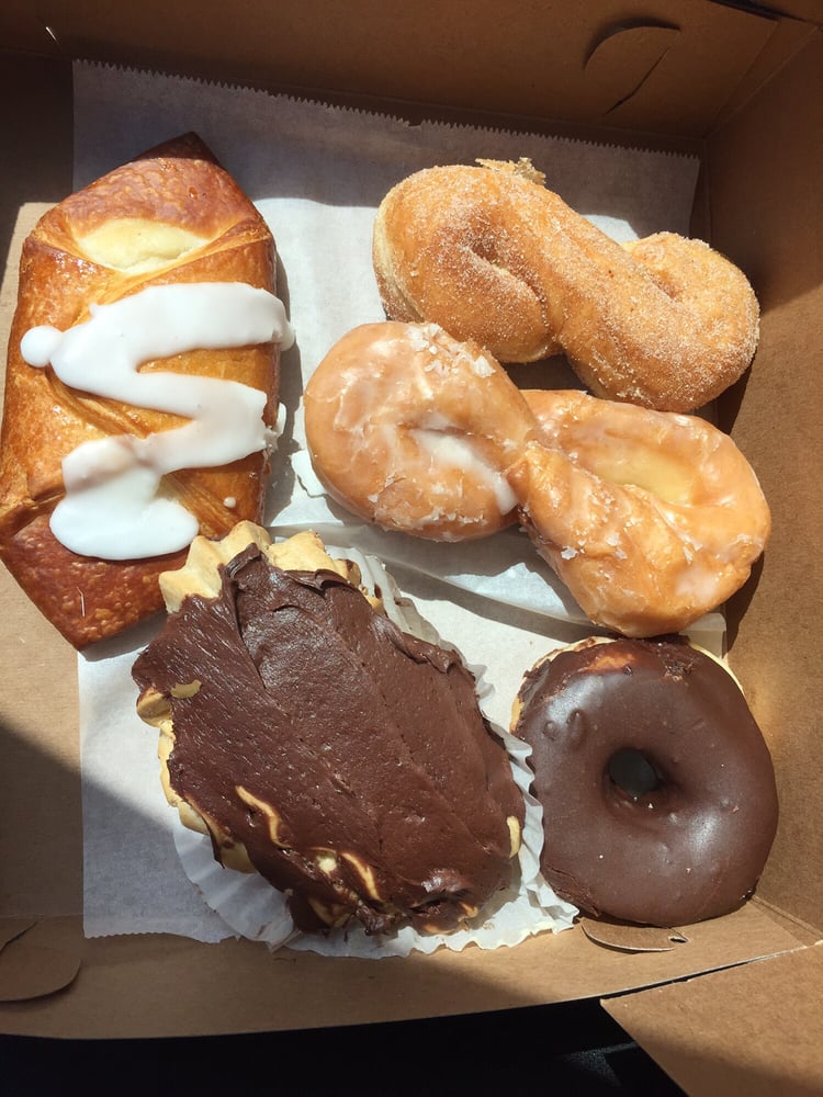 Cheese Danish, eclair, cinnatwist frosted twist, and chocolate donut