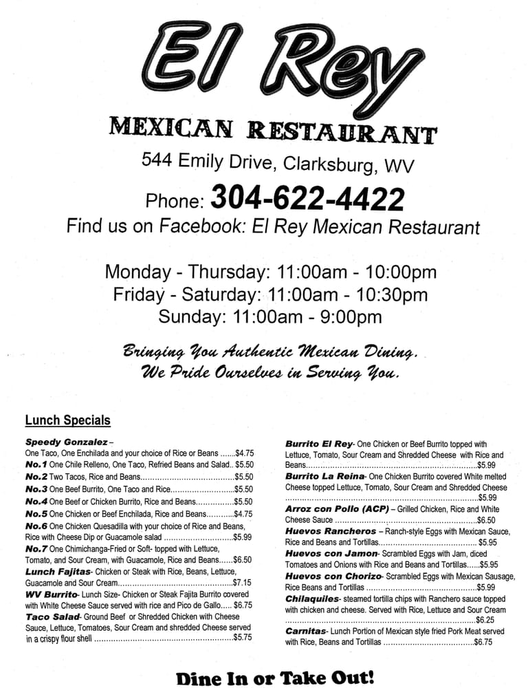 Online Menu of El Rey Restaurant, Clarksburg, West Virginia, 26301 Zmenu