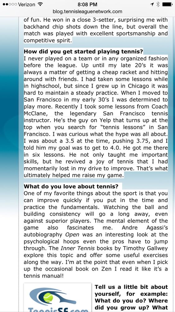 Photo of Tennis Lessons By Mcclain - San Francisco, CA, United States. Nice to feel like I'm able to make your game a bit better