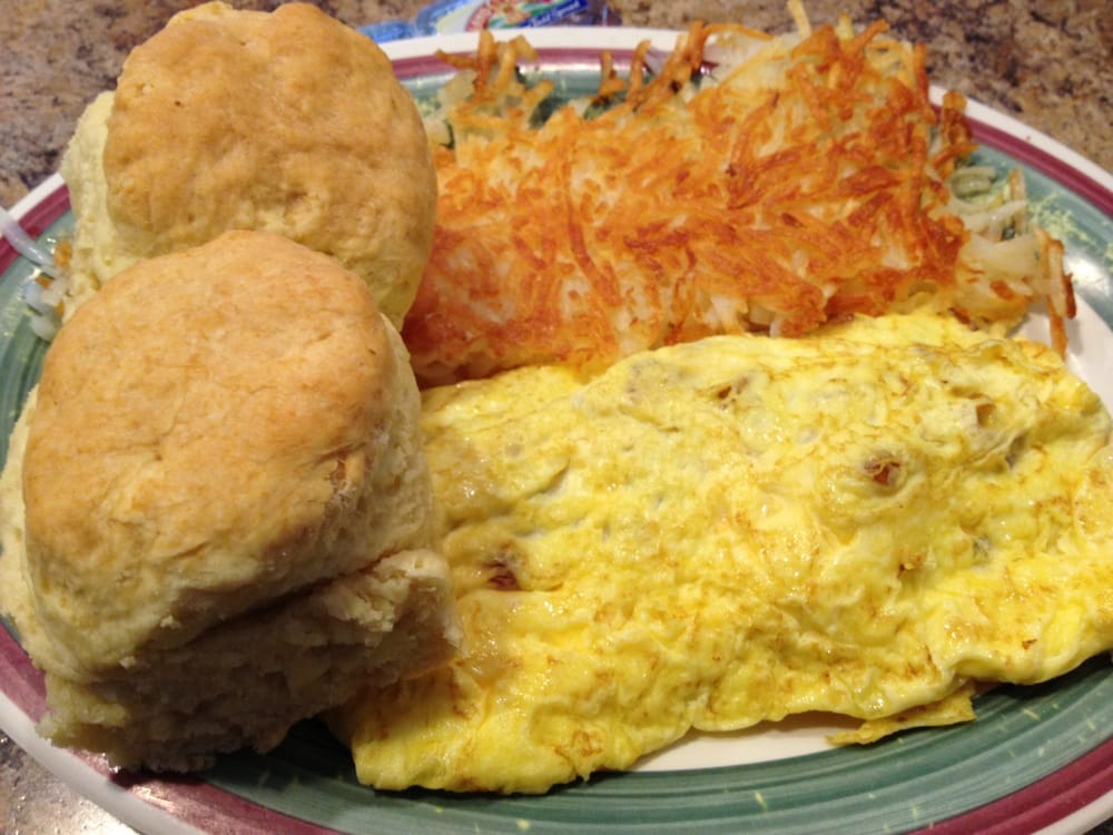 Bacon & egg omelette with hash browns and biscuits Yelp