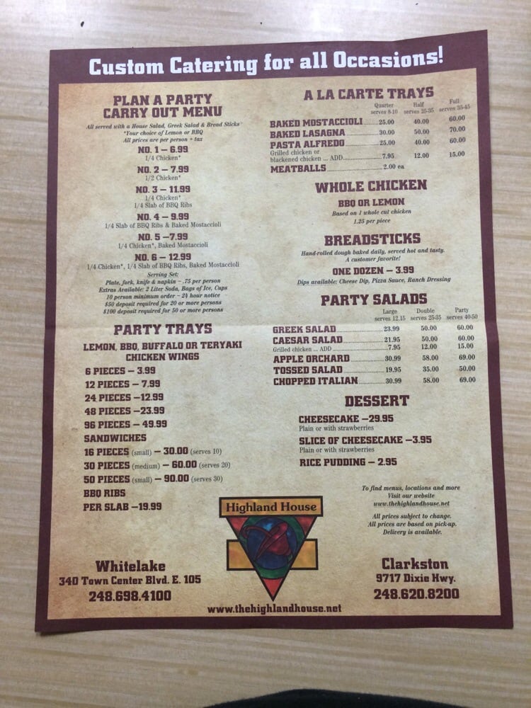 Online Menu of Highland House Cafe & Carry Out Restaurant, White Lake