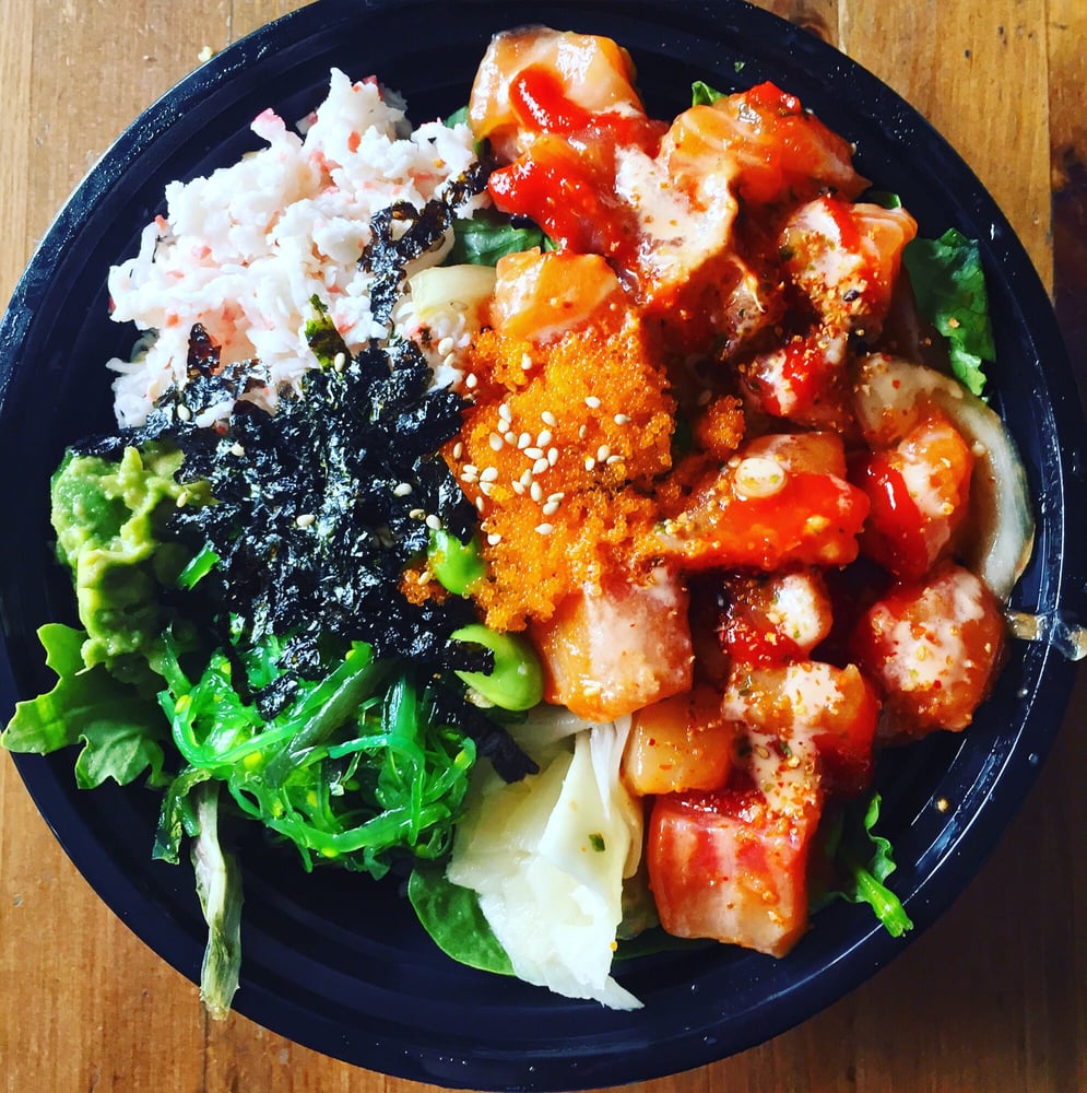 Poké rice bowl with spicy salmon and spicy izumikai Yelp