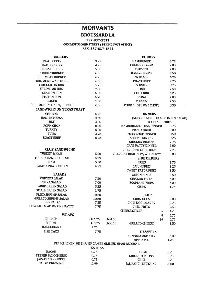 Menu as of 5/2/14 Yelp