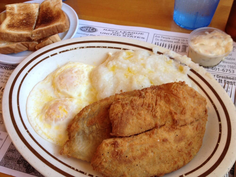 Fried Fish Breakfast With 2 Eggs Grits Toast Yelp Photo Of Famous Amos Restaurant Jacksonville Fl United States Fried Fish Breakfast