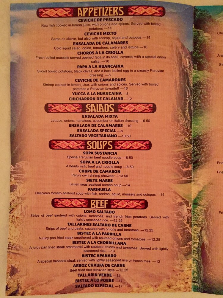 Menu at Sol Inka restaurant, La Mirada