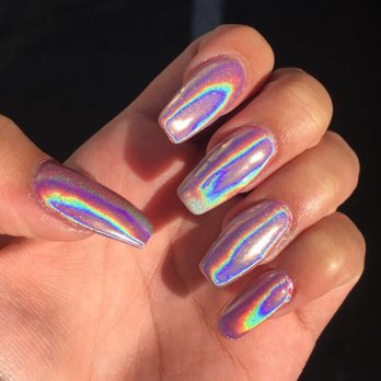 Holographic Nails Hot pink color gel base with silver