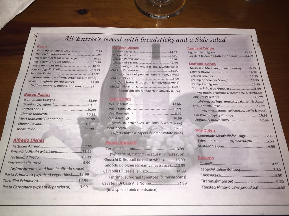 Menu at Rizzo's Spaghetti House restaurant, Fort Mill, Charlotte Hwy
