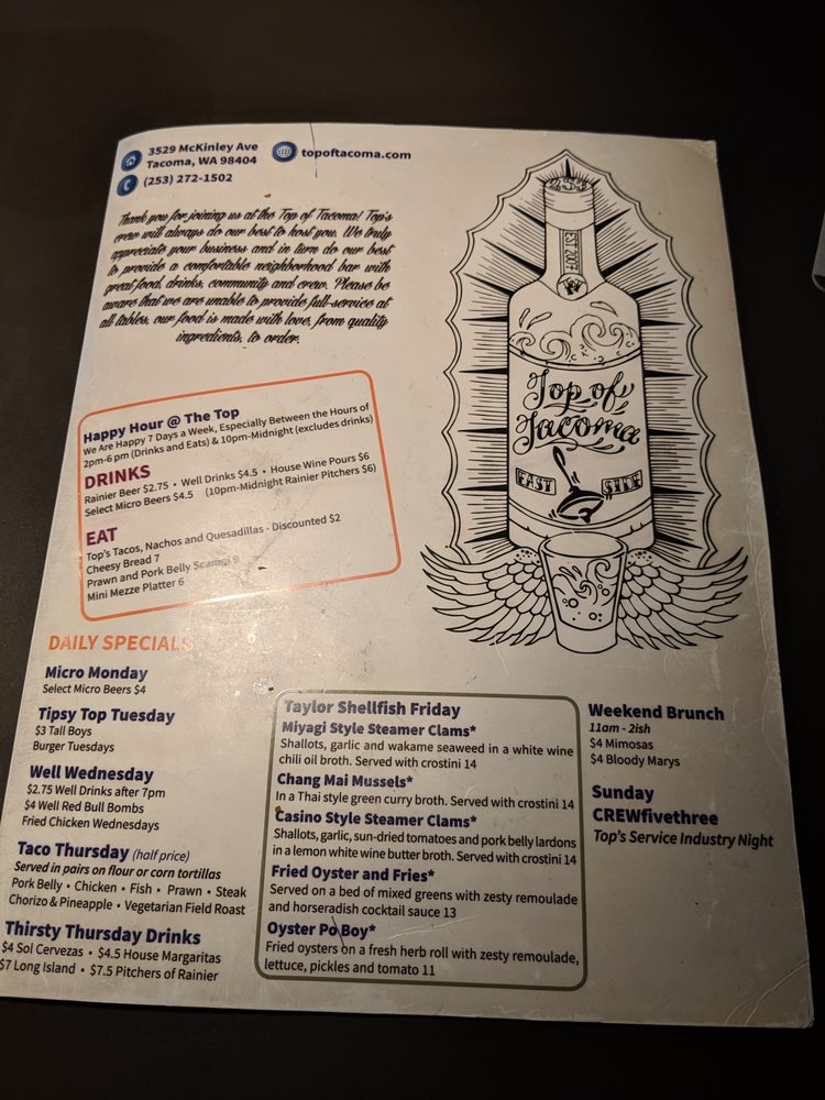 Online Menu Of Top Of Tacoma Bar Restaurant Tacoma Washington
