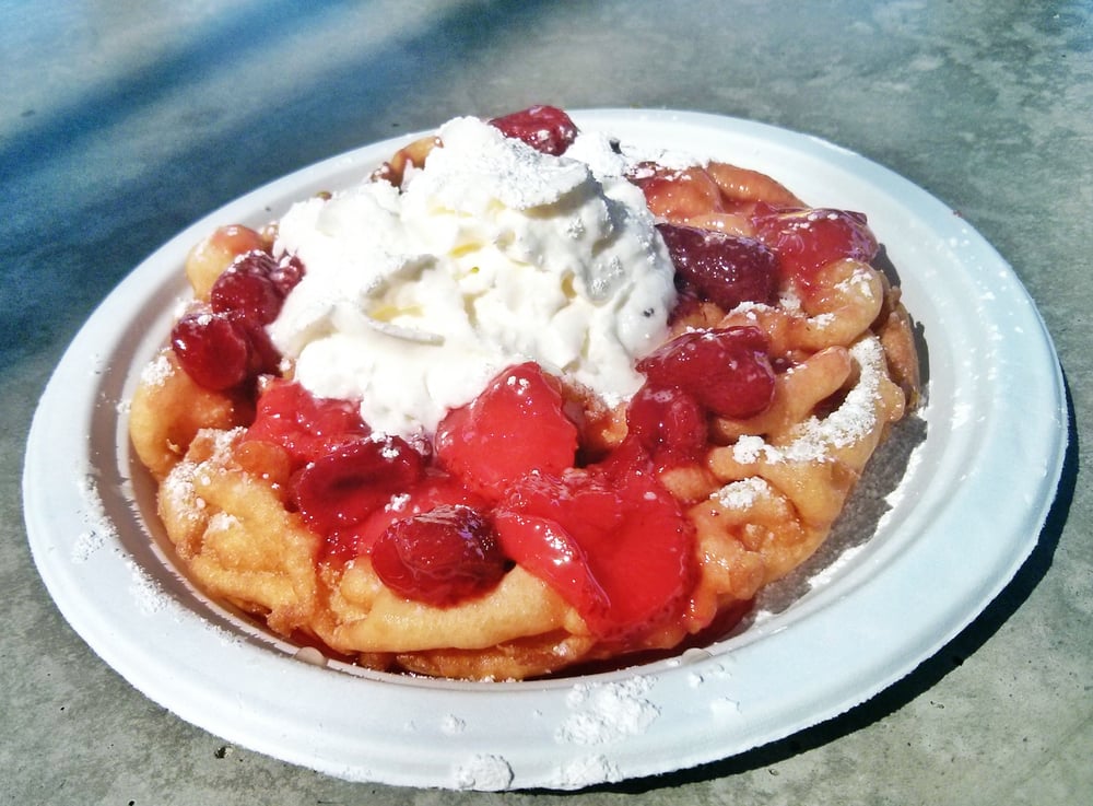 California State Fair 2014 funnel cake with strawberries, powdered