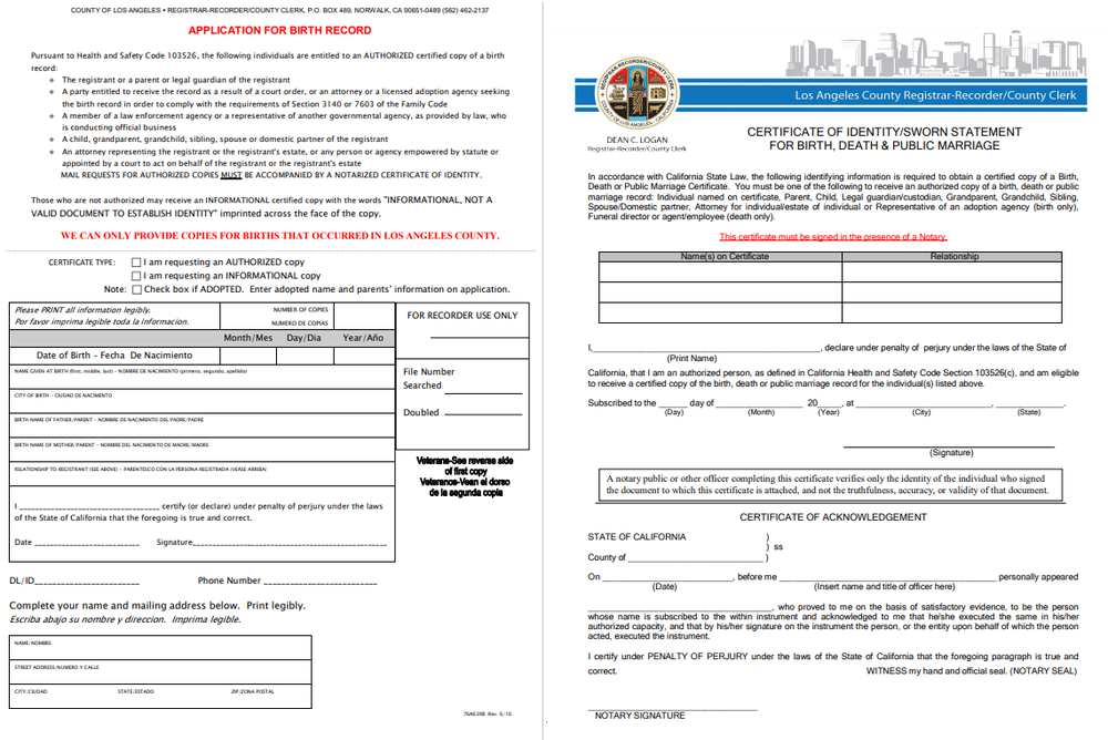 birth certificate sworn statement california