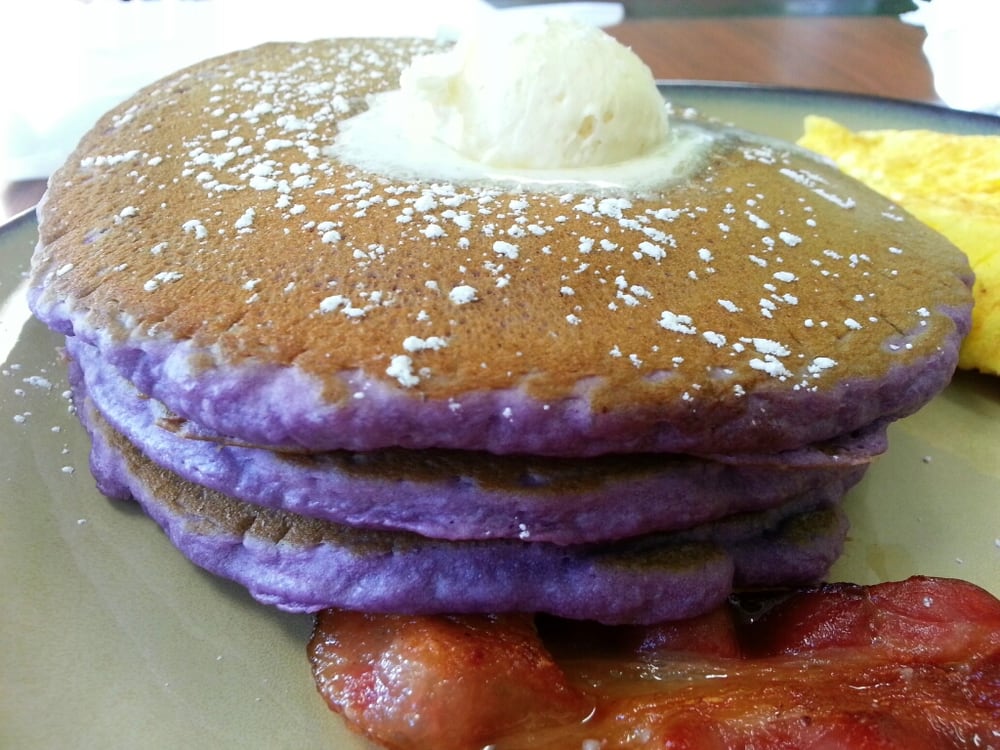 Ube pancakes up close. Mmmmm Yelp